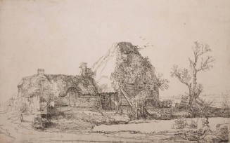 Cottage and Farm Buildings with a Man Sketching