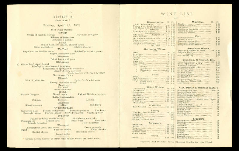 Park Avenue Hotel Menu