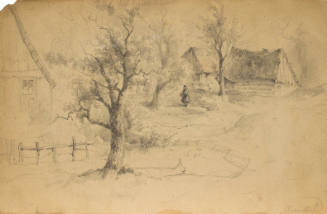 Figure with Three Cottages and Three Trees