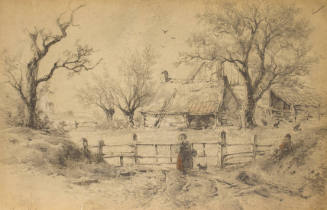 Two Figures and a Dog and Gate